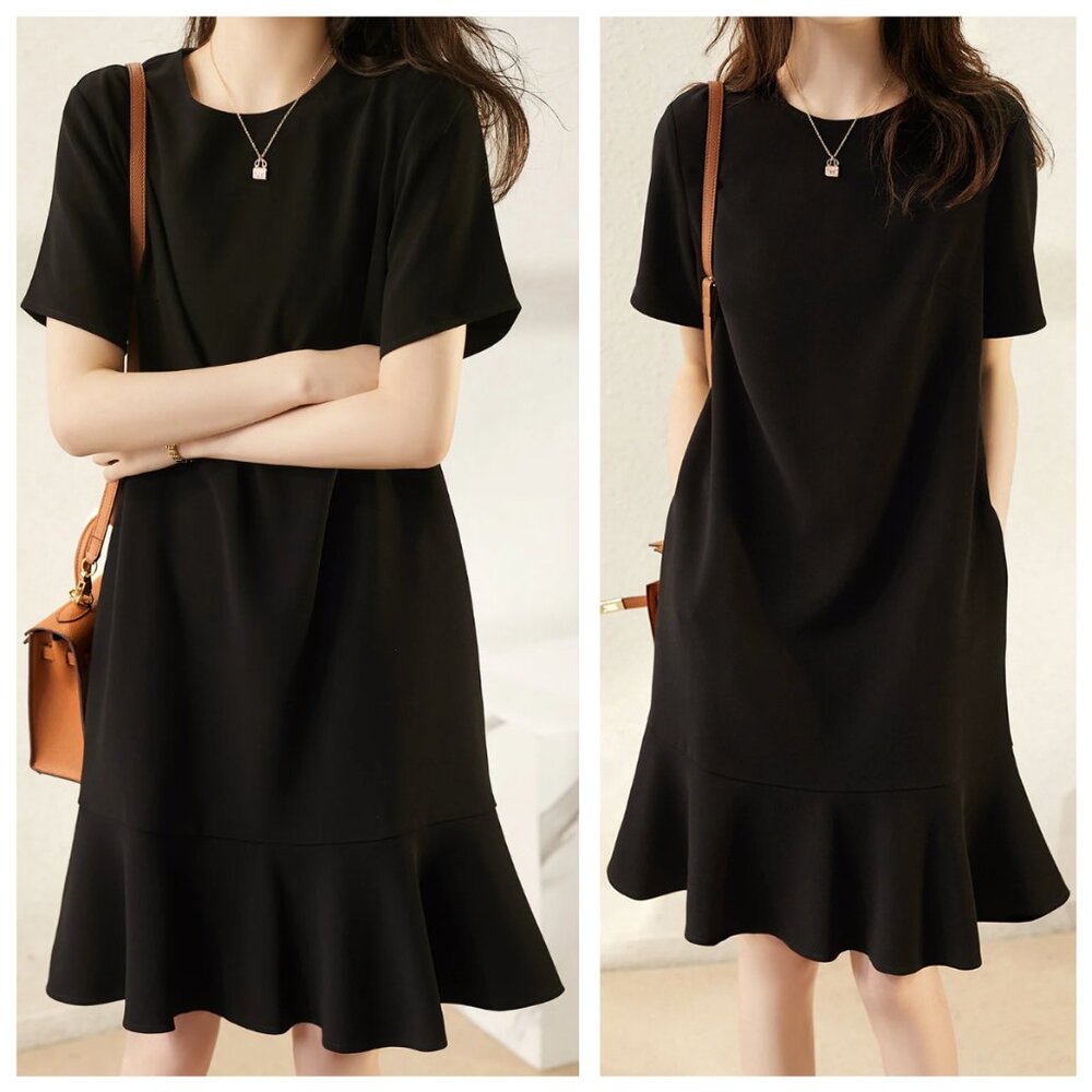 Chaoliu Fushi Simple Short Sleeve Mermaid Dress Black Size Medium